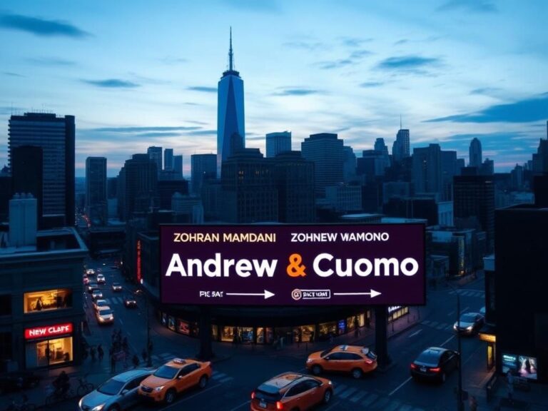 Flick International Skyscrapers of New York City at dusk with a mayoral race banner featuring Zohran Mamdani and Andrew Cuomo