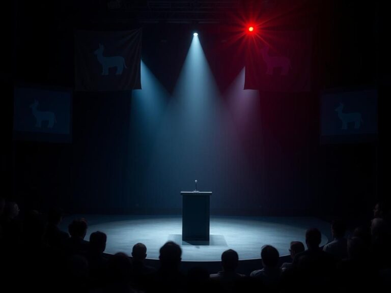 Flick International Empty political debate stage with a spotlight on a lone microphone surrounded by dark silhouettes