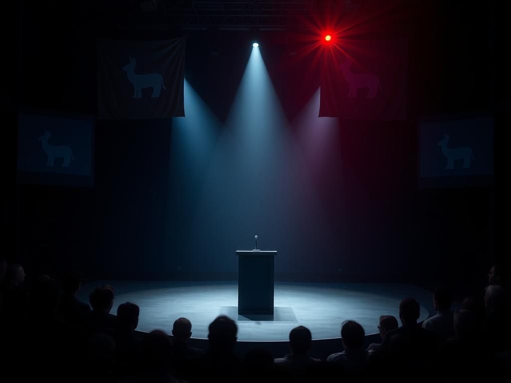 Flick International Empty political debate stage with a spotlight on a lone microphone surrounded by dark silhouettes