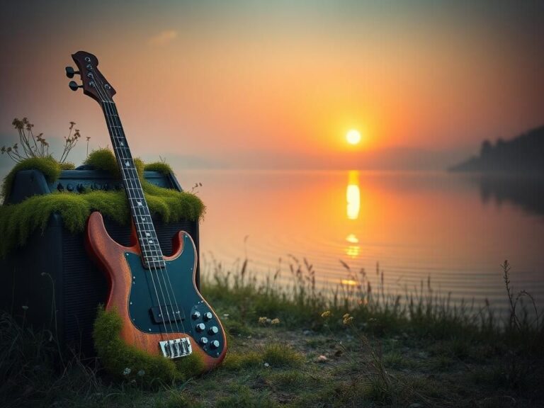 Flick International Old bass guitar and vintage amplifier amidst lush greenery