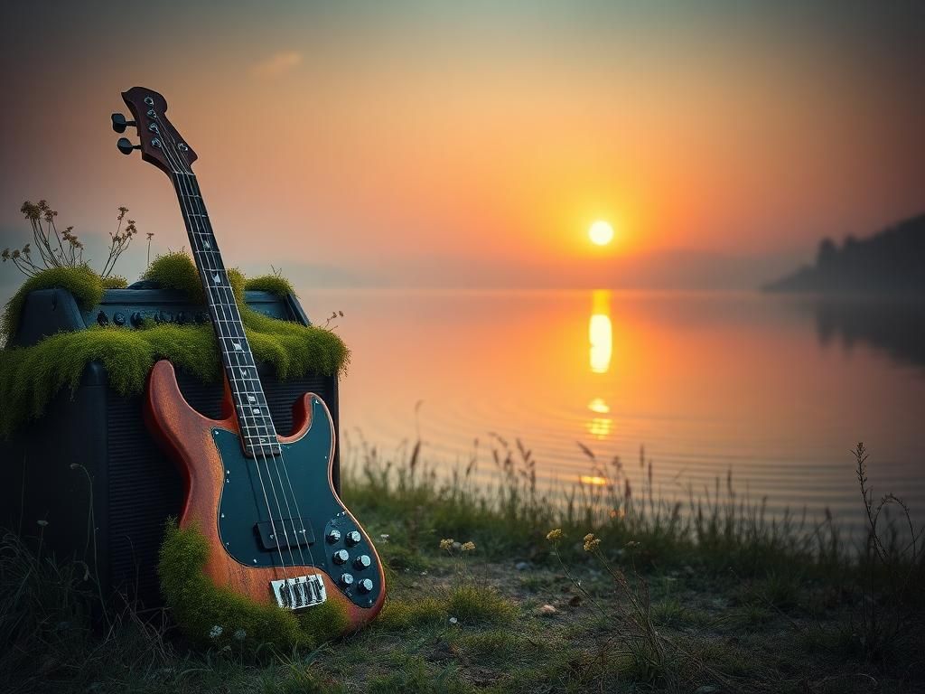Flick International Old bass guitar and vintage amplifier amidst lush greenery
