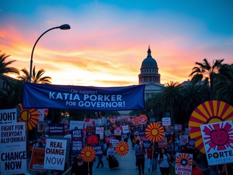 Flick International Bustling California cityscape at dusk with government building and political banners supporting Katie Porter