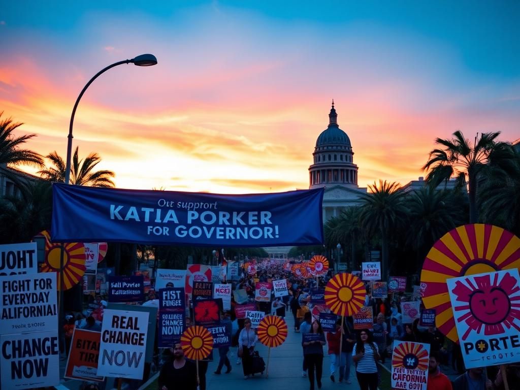 Flick International Bustling California cityscape at dusk with government building and political banners supporting Katie Porter