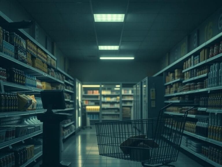 Flick International Dimly lit convenience store aisle with shelves of snacks and beverages