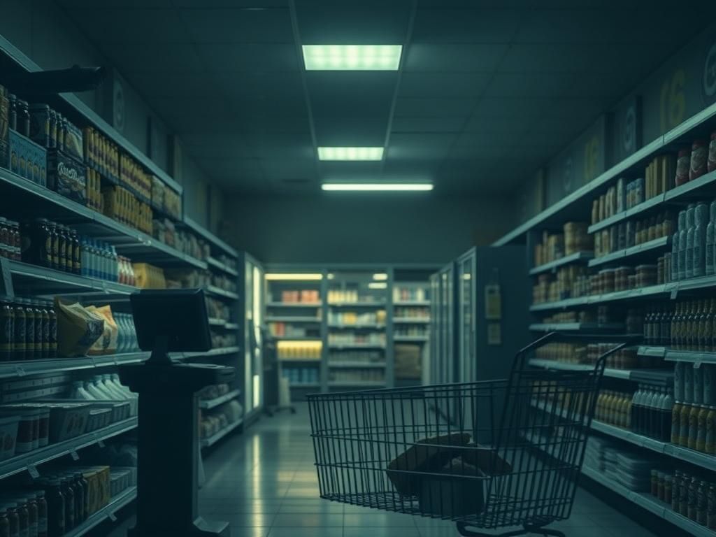 Flick International Dimly lit convenience store aisle with shelves of snacks and beverages