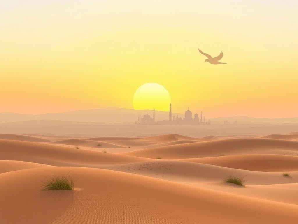 Flick International A serene landscape featuring a sun rising over the horizon, symbolizing new beginnings in the Middle East.
