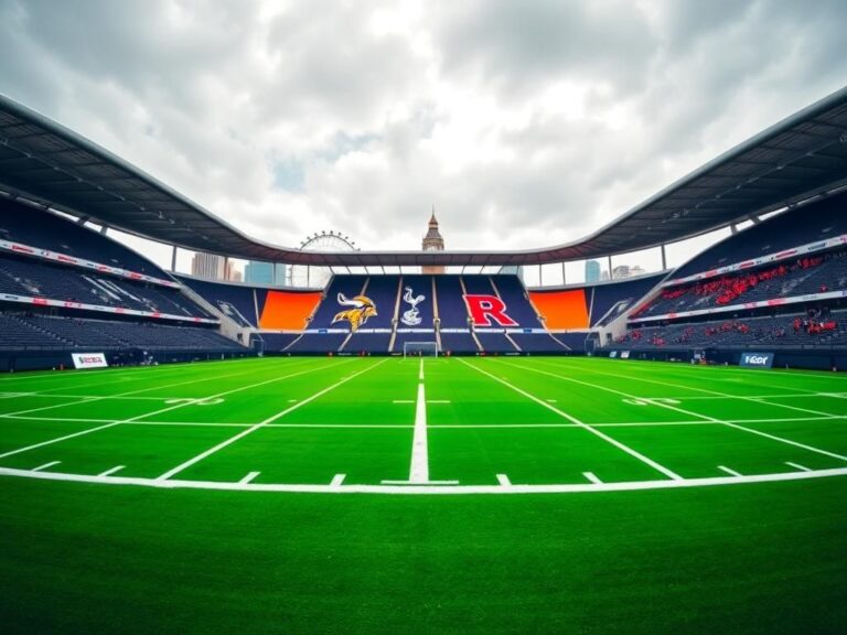 Flick International Panoramic view of Tottenham Hotspur Stadium with an empty football field and landmarks in the background