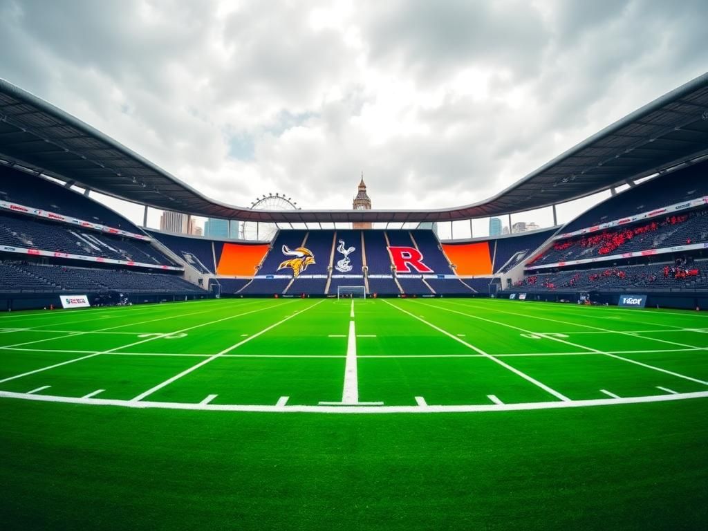 Flick International Panoramic view of Tottenham Hotspur Stadium with an empty football field and landmarks in the background