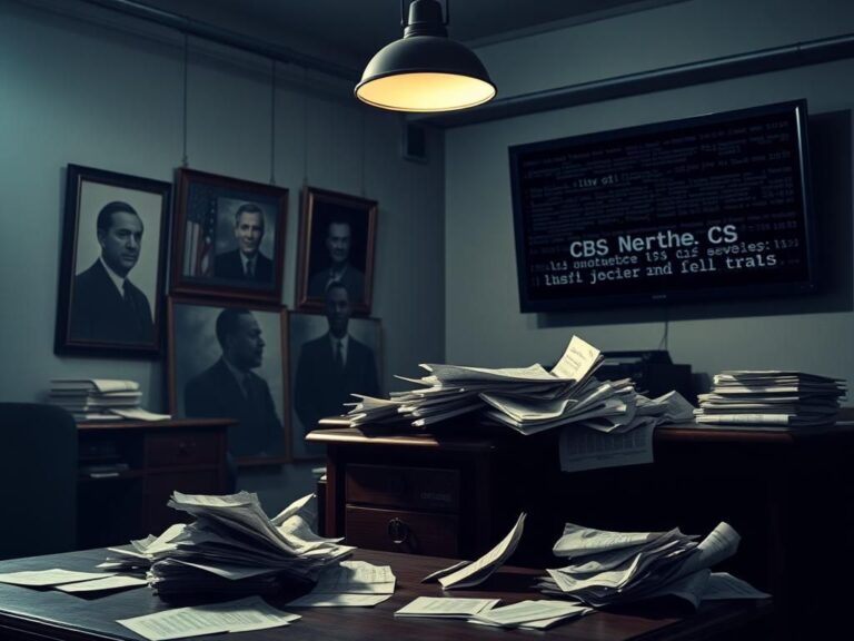 Flick International A dimly lit newsroom with an antique wooden desk and CBS News portraits