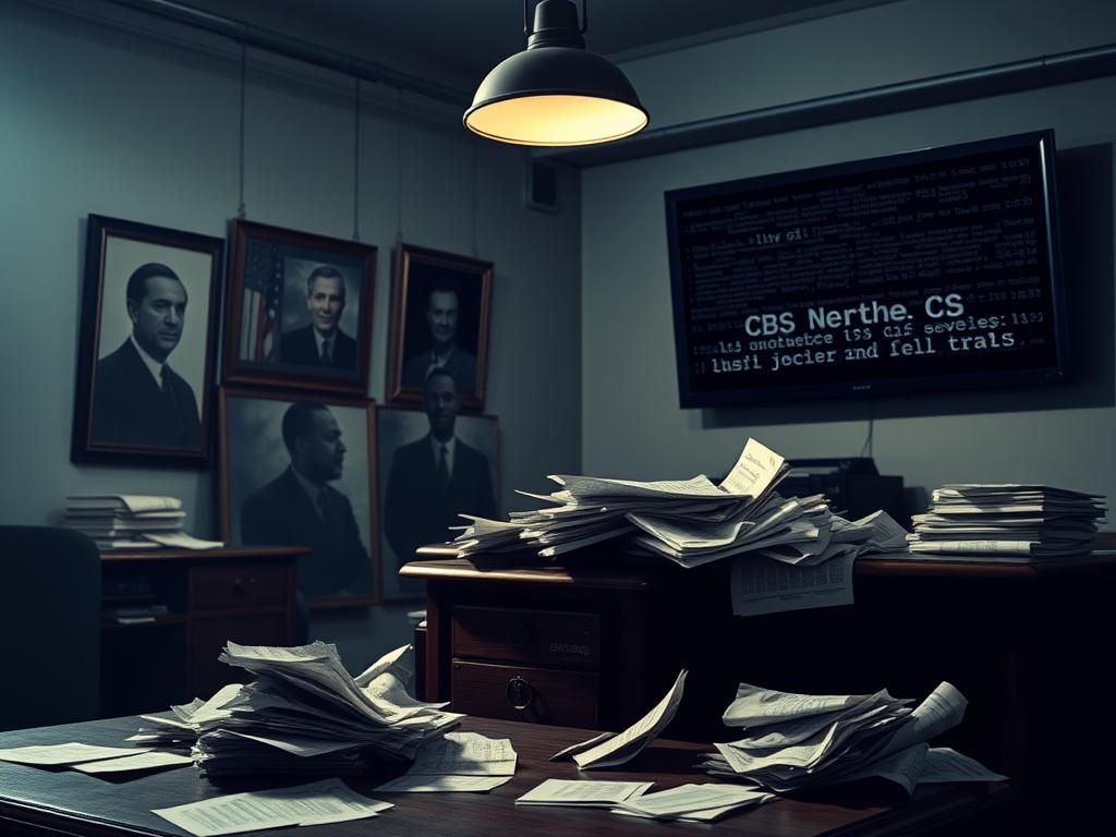 Flick International A dimly lit newsroom with an antique wooden desk and CBS News portraits