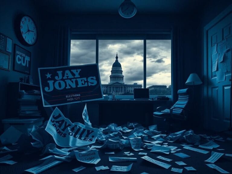 Flick International Dimly lit political campaign office with a partially unearthed campaign poster for Jay Jones