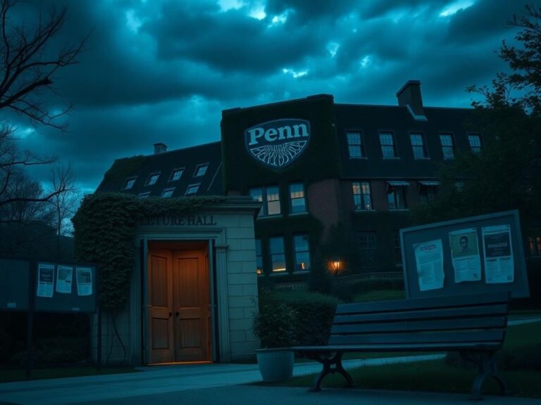 Flick International Twilight scene of a somber university campus with ivy-covered building and empty lecture hall doorway