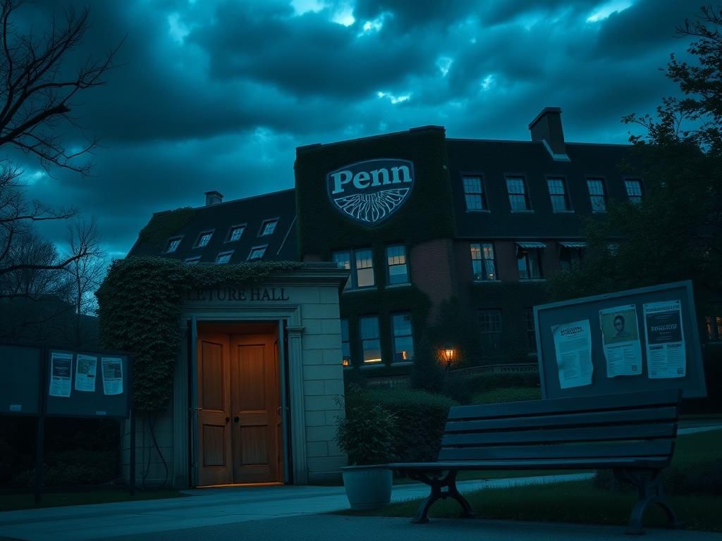 Flick International Twilight scene of a somber university campus with ivy-covered building and empty lecture hall doorway