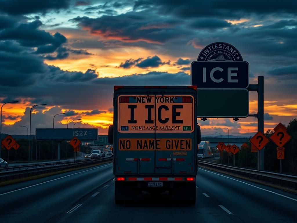 Flick International A busy interstate highway scene featuring an ICE badge and a truck displaying a fictional New York state license plate labeled 'NO NAME GIVEN'