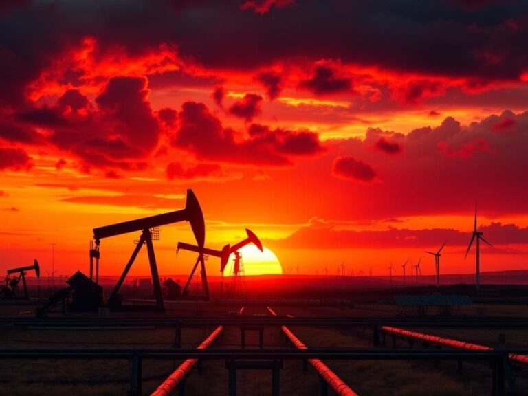Flick International Expansive oil field at sunset with oil rigs silhouetted against a fiery sky