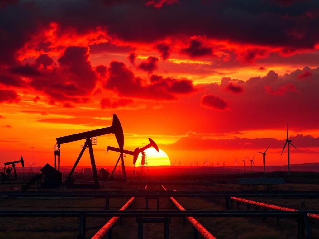 Flick International Expansive oil field at sunset with oil rigs silhouetted against a fiery sky