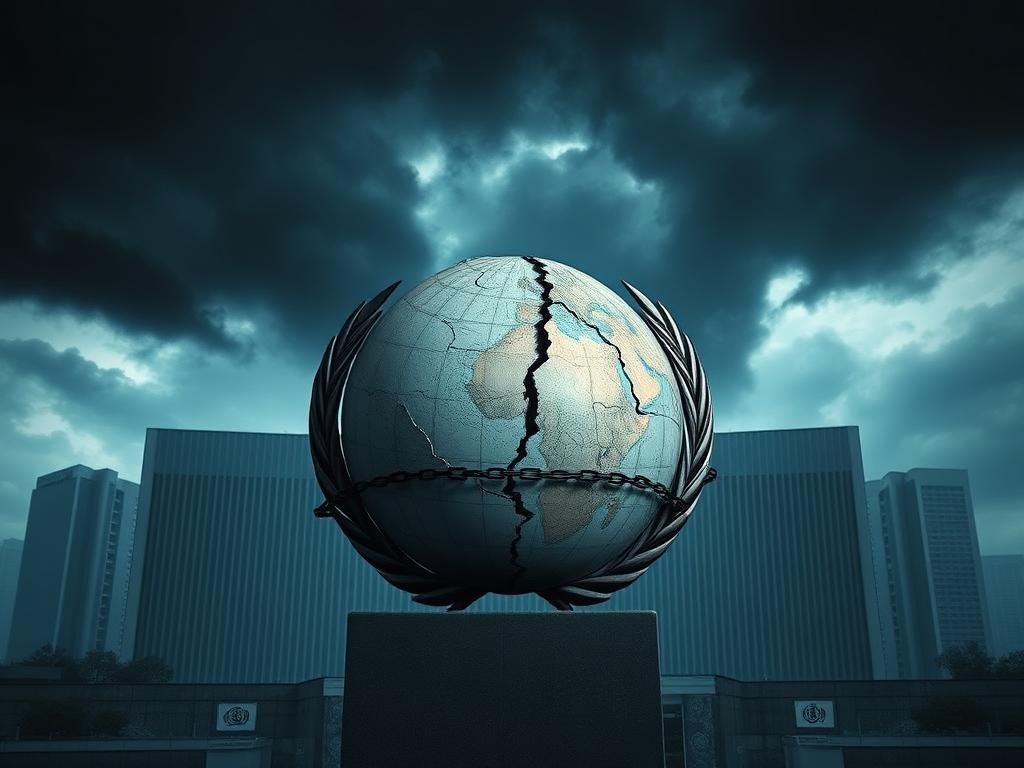 Flick International Dramatic scene of the United Nations headquarters with dark clouds and a cracked globe symbolizing global human rights issues.