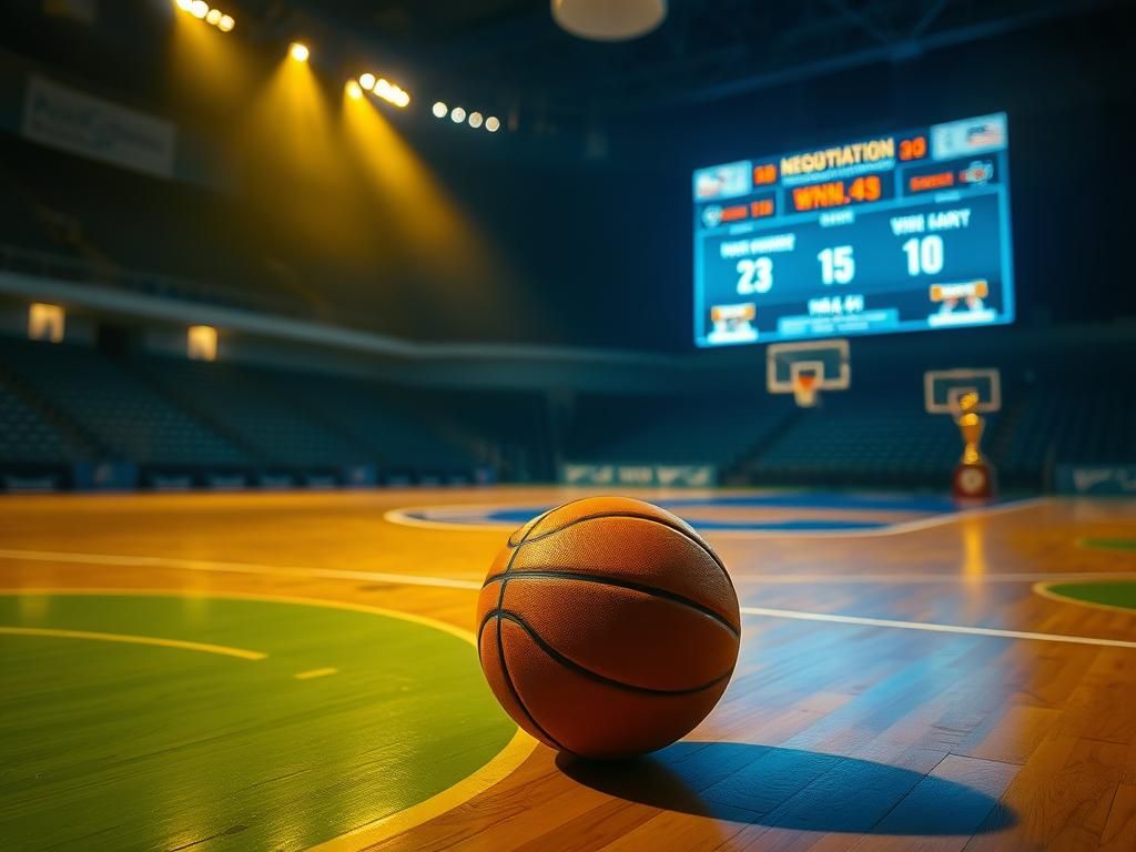 Flick International A lone basketball on an empty WNBA court, illuminated by dramatic overhead lights