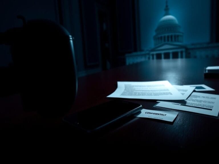 Flick International A smartphone lying face-down on a polished wooden desk surrounded by redacted documents and an envelope labeled 'CONFIDENTIAL'.