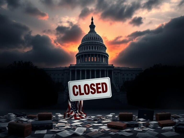 Flick International A dramatic portrayal of the U.S. Capitol amid clouds, featuring a 'Closed' sign and an American flag, representing the government shutdown.