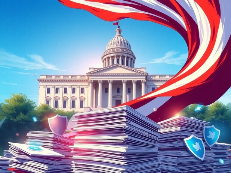 Flick International Illustration of a government building with the American flag, symbolizing patriotism and national service.