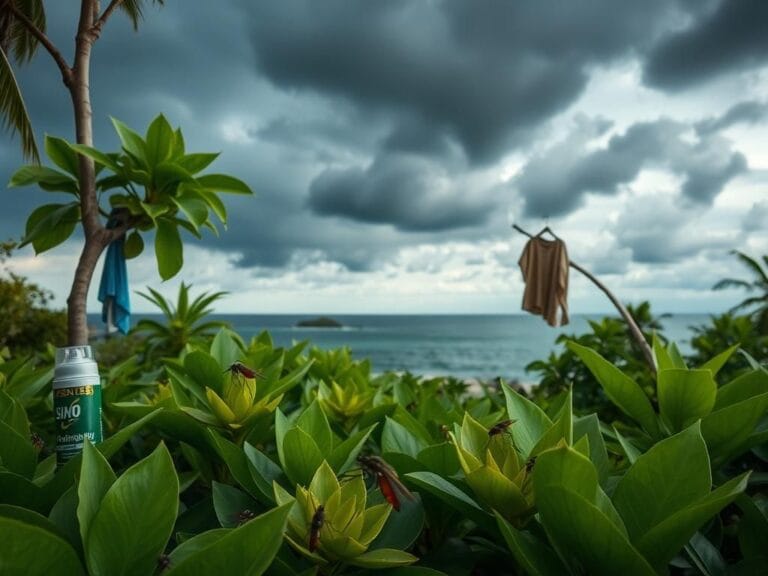 Flick International A dramatic scene showing mosquitoes resting on vibrant plants under ominous storm clouds in a tropical landscape