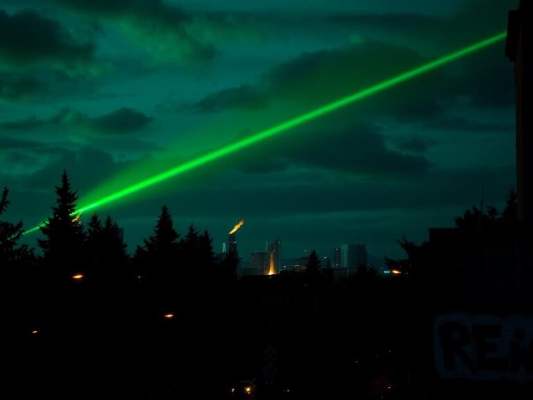Flick International Dramatic view of a laser beam cutting through the night sky in Portland, Oregon