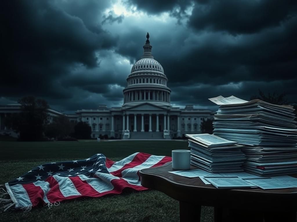 Flick International A dramatic scene of the U.S. Capitol under dark storm clouds with a broken American flag in the foreground