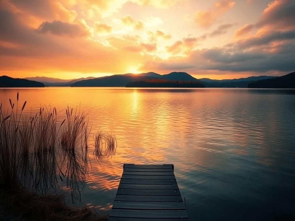 Flick International serene sunset over tranquil lake with a wooden dock