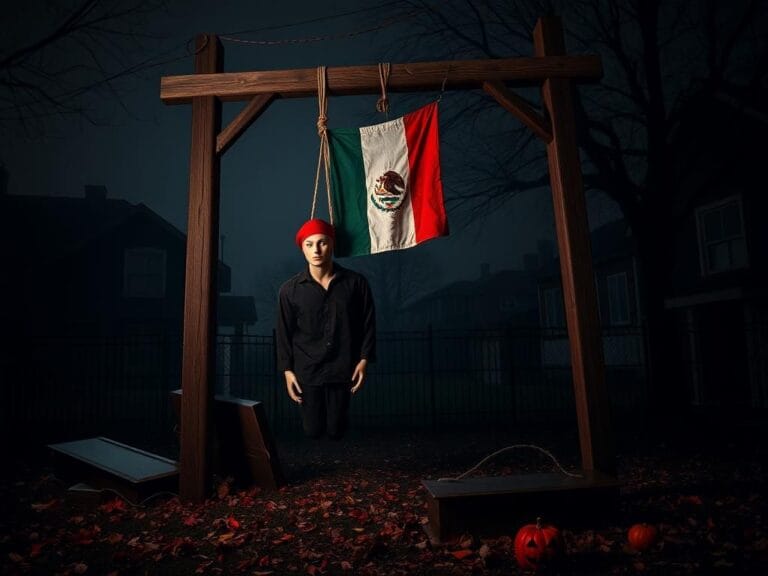 Flick International Halloween display with mannequins resembling ICE agents hanging from a gallows