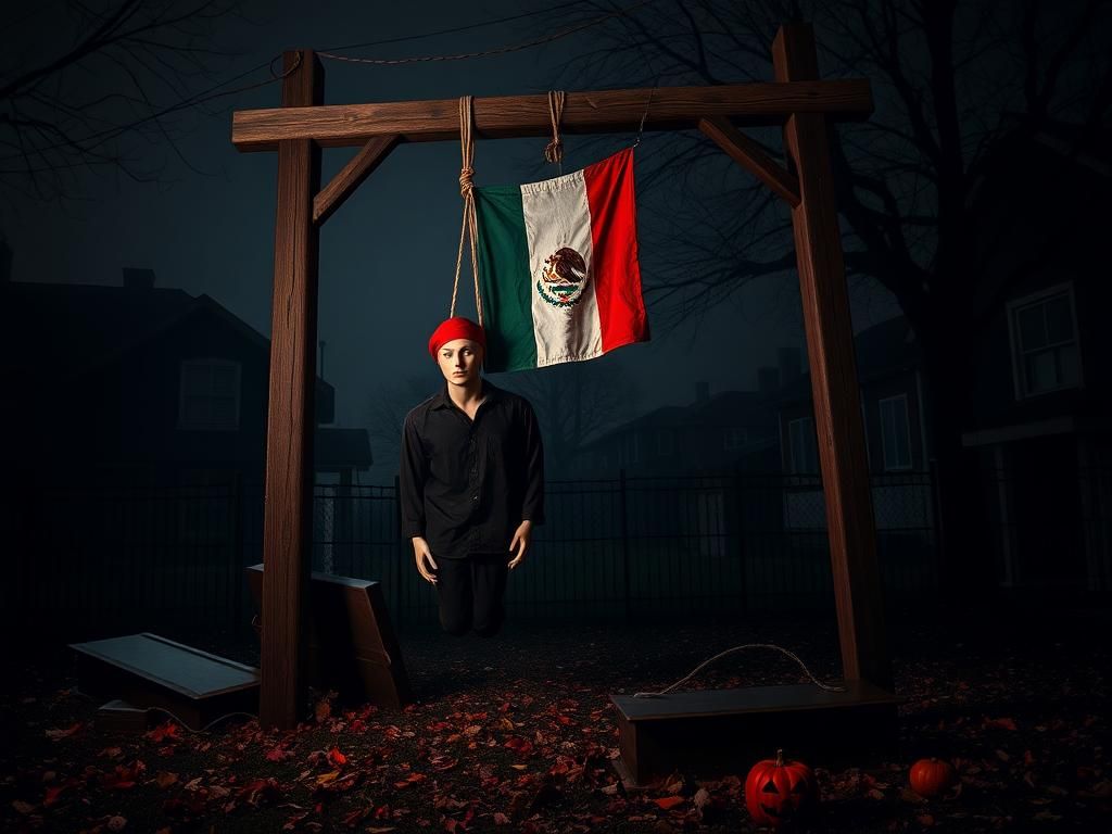 Flick International Halloween display with mannequins resembling ICE agents hanging from a gallows