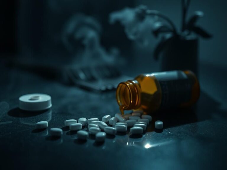 Flick International Close-up view of a spilled bottle of finasteride pills on a dark surface with rolling pills and hair care items in the background.