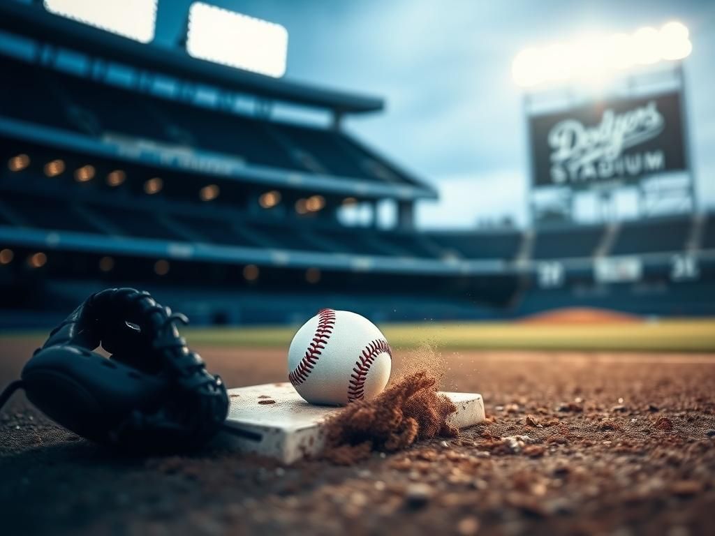 Flick International Close-up of a baseball rolling away from the pitcher's mound at Dodger Stadium, symbolizing a missed opportunity.