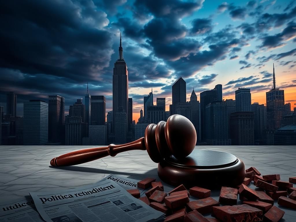 Flick International A dramatic New York City skyline at dusk with a large, cracked gavel symbolizing justice in the foreground