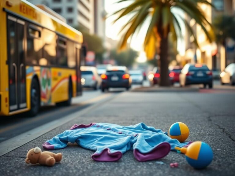 Flick International A busy urban street in Tampa with a city bus and children's pajamas on the ground, symbolizing a child's rescue.