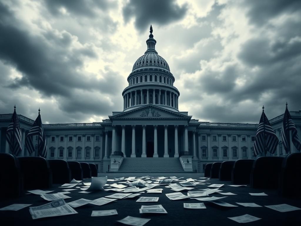 Flick International Dramatic silhouette of the U.S. Capitol building against a cloudy sky, symbolizing government shutdown tensions.