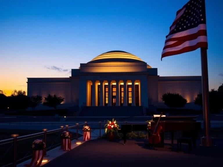 Flick International Majestic view of the Kennedy Center at twilight with an American flag