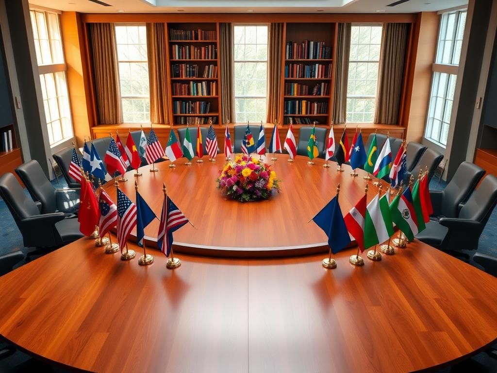 Flick International Polished wooden roundtable surrounded by state flags symbolizing governance unity
