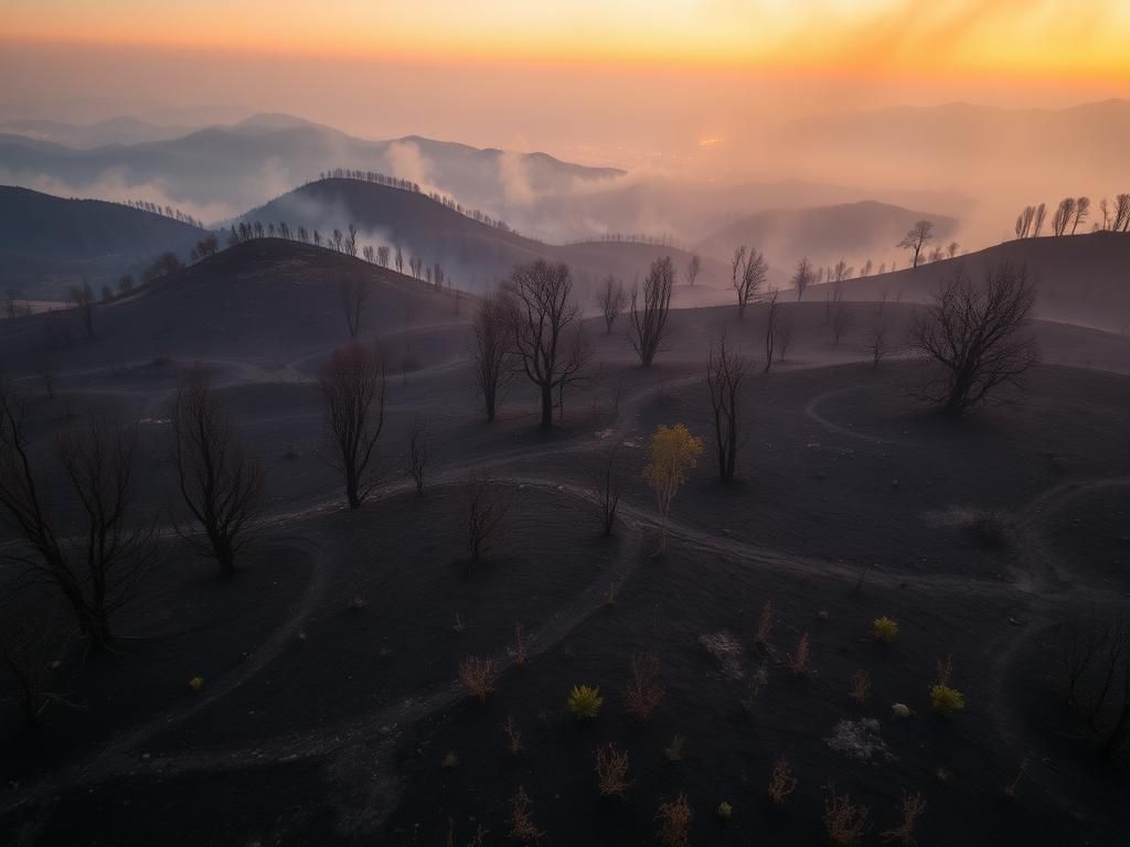 Flick International Aerial view of a charred landscape after the Palisades Fire in Southern California