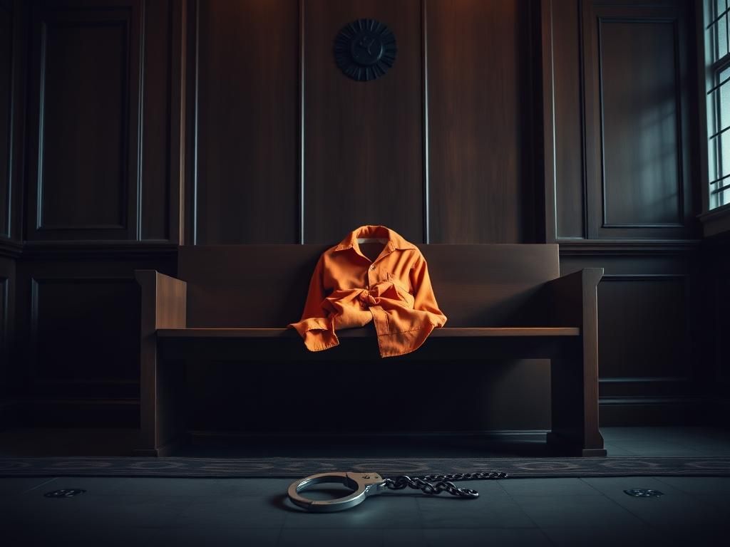 Flick International Empty courtroom bench with abandoned jail clothes, symbolizing the legal proceedings in the Charlie Kirk case