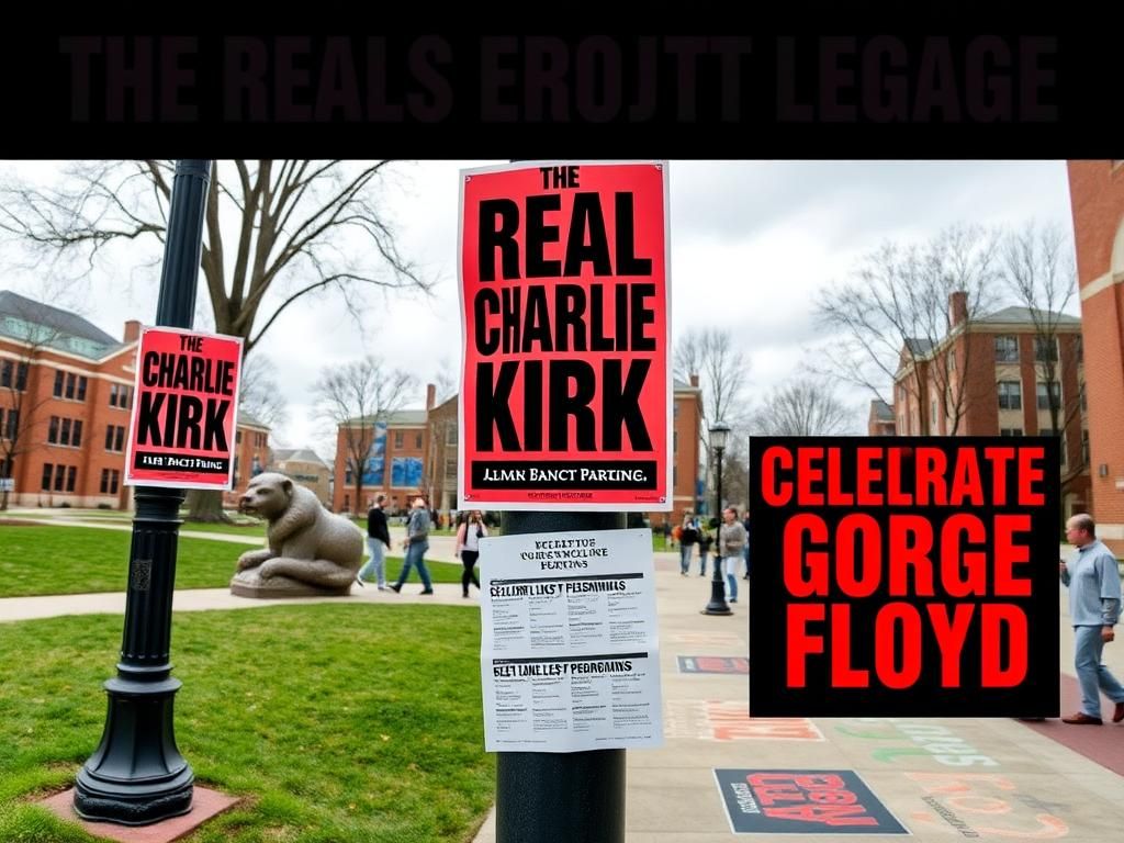 Flick International Flyers promoting an event honoring George Floyd on a college campus, labeled with provocative text against Charlie Kirk