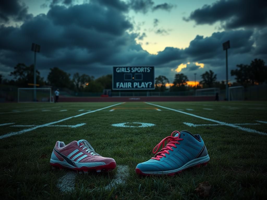 Flick International A dynamic sports field scene at dusk with abandoned cleats representing the debate on girls' sports fairness