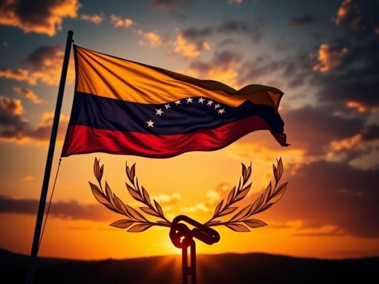 Flick International Venezuelan flag waving alongside American flag at sunset, symbolizing freedom and solidarity