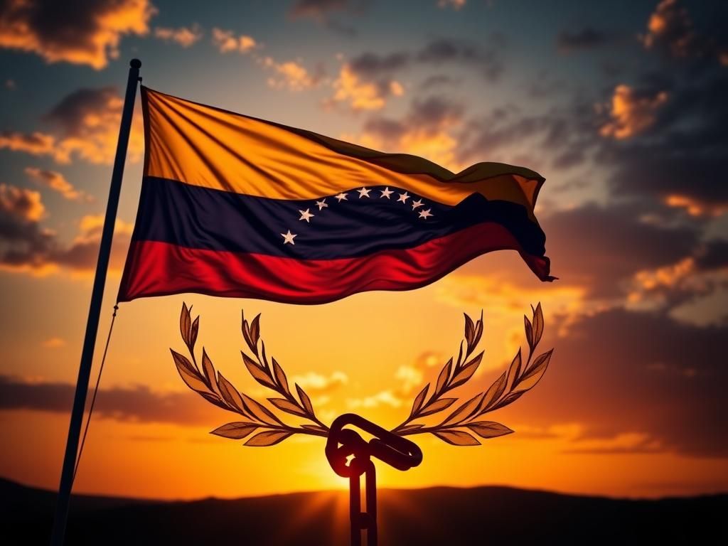 Flick International Venezuelan flag waving alongside American flag at sunset, symbolizing freedom and solidarity
