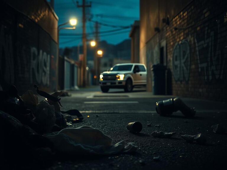 Flick International A dark Las Vegas alleyway at dusk with eerie lighting and scattered evidence of violence