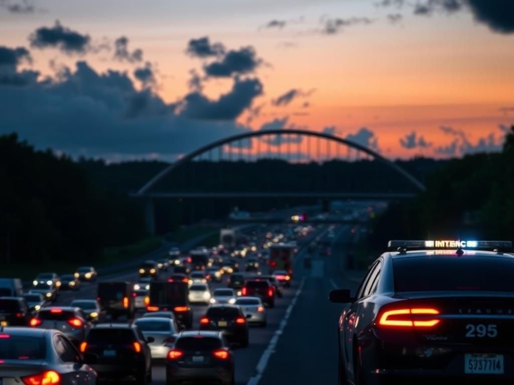 Flick International Dramatic twilight scene on Interstate 295 with police presence and traffic