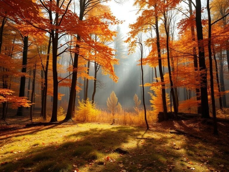 Flick International Autumn forest scene with tall trees and vibrant leaves near Bainbridge, Indiana