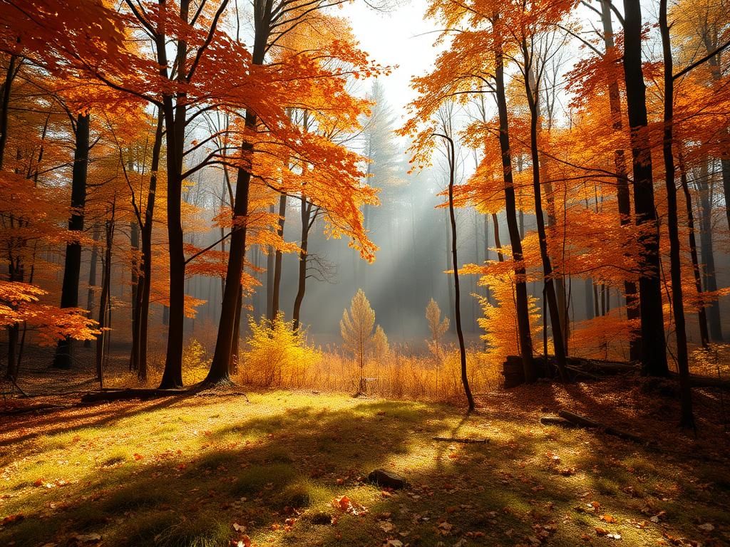 Flick International Autumn forest scene with tall trees and vibrant leaves near Bainbridge, Indiana