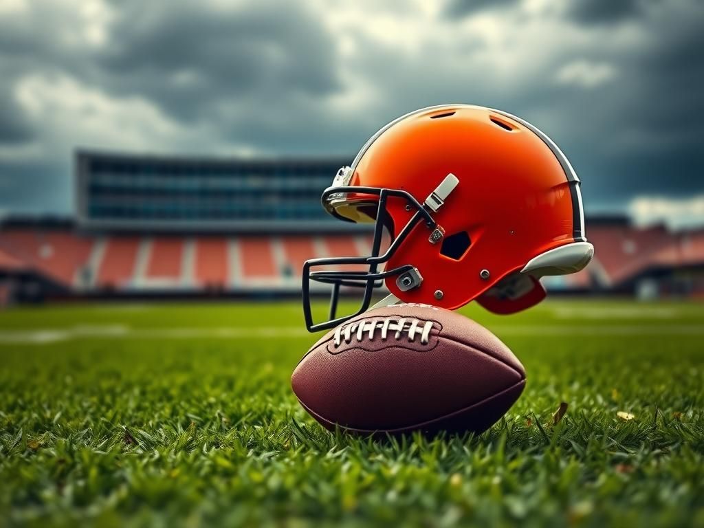 Flick International Cleveland Browns football helmet on the field with a football placed beside it