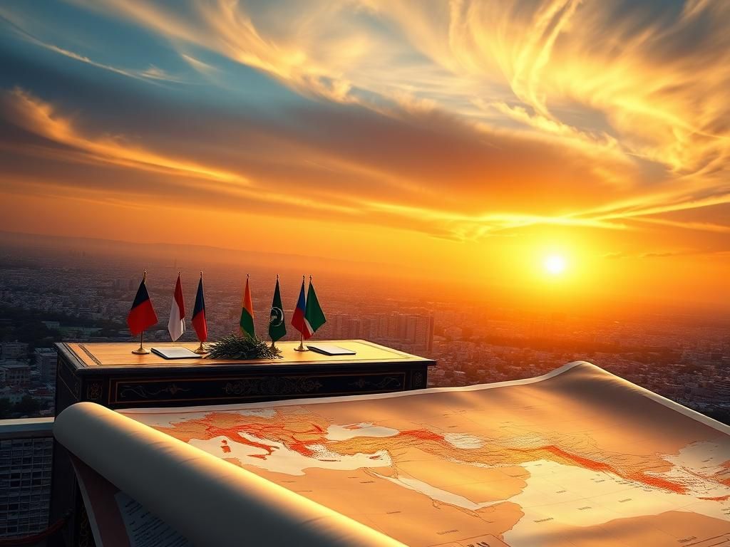 Flick International Ornate negotiation table set against a sunset in Dushanbe with flags and maps